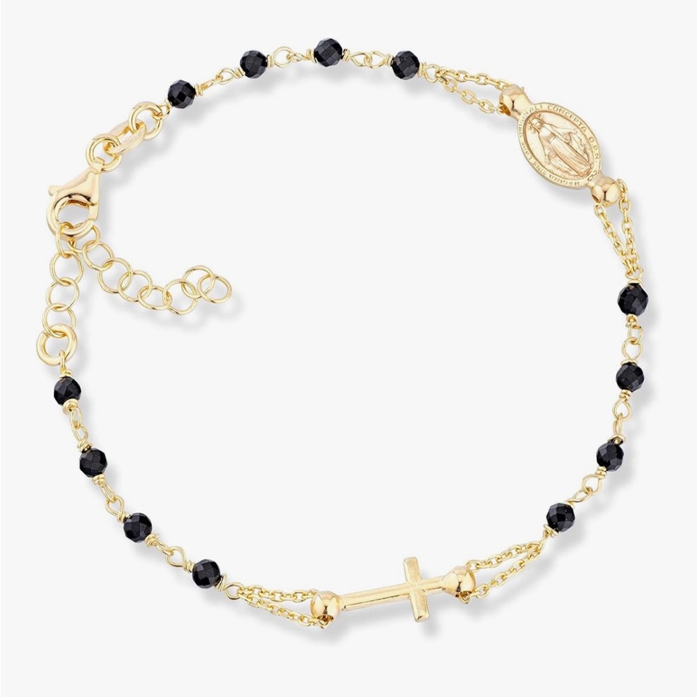 Italian 18K Gold -925 Sterling Silver Natural Black Spinel Rosary Cross Bracelet